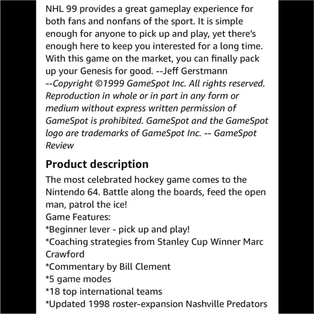 Vintage Gamers NHL 99 Nintendo 64 EA Sports NHL 99 vintage video game